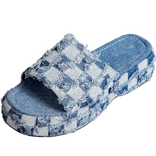 Damen-Jeans-Slipper, lässig, Jean-Stoff, flache Pantoletten, offene Zehen, Keil-Hausschuhe, Plateau-Clogs, rutschfeste Boho-Sandalen, geschlossene, spitze Zehen-Absätze, rückenfreie Slip-On-Loafer von Ulalaza