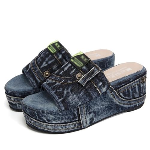 Damen-Jeans-Slipper, lässig, Jean-Stoff, flache Pantoletten, offene Zehen, Keil-Hausschuhe, Plateau-Clogs, rutschfeste Boho-Sandalen, geschlossene, spitze Zehen-Absätze, rückenfreie Slip-On-Loafer Damen-Jeans-Slipper, lässig, Jean-Stoff, flache Pantoletten, offene Zehen, Keil-Hausschuhe, Plateau-Clogs, rutschfeste Boho-Sandalen, geschlossene, spitze Zehen-Absätze, rückenfreie Slip-On-Loafer von Ulalaza