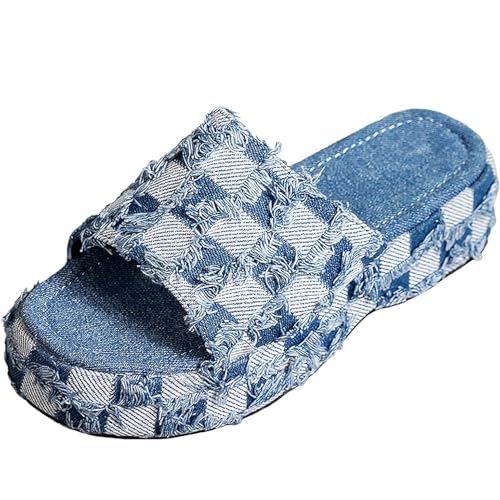 Damen-Jeans-Slipper, lässig, Jean-Stoff, flache Pantoletten, offene Zehen, Keil-Hausschuhe, Plateau-Clogs, rutschfeste Boho-Sandalen, geschlossene, spitze Zehen-Absätze, rückenfreie Slip-On-Loafer Damen-Jeans-Slipper, lässig, Jean-Stoff, flache Pantoletten, offene Zehen, Keil-Hausschuhe, Plateau-Clogs, rutschfeste Boho-Sandalen, geschlossene, spitze Zehen-Absätze, rückenfreie Slip-On-Loafer von Ulalaza