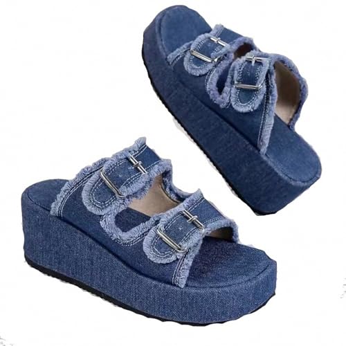 Damen-Jeans-Slipper, lässig, Jean-Stoff, flache Pantoletten, offene Zehen, Keil-Hausschuhe, Plateau-Clogs, rutschfeste Boho-Sandalen, geschlossene, spitze Zehen-Absätze, rückenfreie Slip-On-Loafer Damen-Jeans-Slipper, lässig, Jean-Stoff, flache Pantoletten, offene Zehen, Keil-Hausschuhe, Plateau-Clogs, rutschfeste Boho-Sandalen, geschlossene, spitze Zehen-Absätze, rückenfreie Slip-On-Loafer von Ulalaza