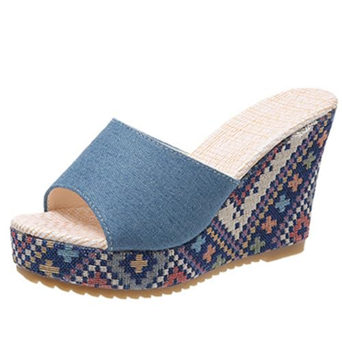 Damen-Jeans-Slipper, lässig, Jean-Stoff, flache Pantoletten, offene Zehen, Keil-Hausschuhe, Plateau-Clogs, rutschfeste Boho-Sandalen, geschlossene, spitze Zehen-Absätze, rückenfreie Slip-On-Loafer Damen-Jeans-Slipper, lässig, Jean-Stoff, flache Pantoletten, offene Zehen, Keil-Hausschuhe, Plateau-Clogs, rutschfeste Boho-Sandalen, geschlossene, spitze Zehen-Absätze, rückenfreie Slip-On-Loafer von Ulalaza