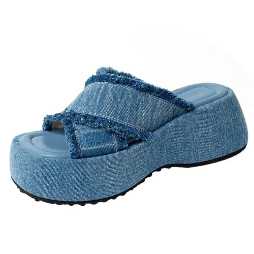 Damen-Jeans-Slipper, lässig, Jean-Stoff, flache Pantoletten, offene Zehen, Keil-Hausschuhe, Plateau-Clogs, rutschfeste Boho-Sandalen, geschlossene, spitze Zehen-Absätze, rückenfreie Slip-On-Loafer Damen-Jeans-Slipper, lässig, Jean-Stoff, flache Pantoletten, offene Zehen, Keil-Hausschuhe, Plateau-Clogs, rutschfeste Boho-Sandalen, geschlossene, spitze Zehen-Absätze, rückenfreie Slip-On-Loafer von Ulalaza