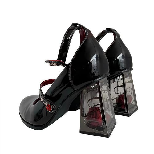 Damen Plateau-Mary-Jane-Schuhe, süße Zehen-Knöchel-Lolita-Gothic-Plateau-Kleid-Pumps-Schuhe, klobige Plateau-Schuhe, Lackleder-Kleiderschuhe (schwarz) von Ulalaza