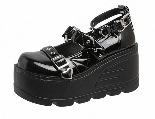 Damen Plattform Mary Janes Herz Katze Schnalle Nieten Knöchel Lolita Gothic Prinzessin Plattform Pumps Lackleder Dorn Vintage Traditionelle Stickerei Oberkleid Schuhe von Ulalaza