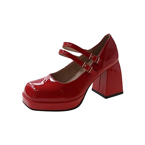 Ulalaza Damen Mary Jane Schuhe Sweet Toe Knöchel Lolita Gothic Plateau Pumps Chunky Plateauschuhe Lackleder Rot 42 EU Frauen Erwachsene Frauen Freizeit Tanz Schuhe von Ulalaza