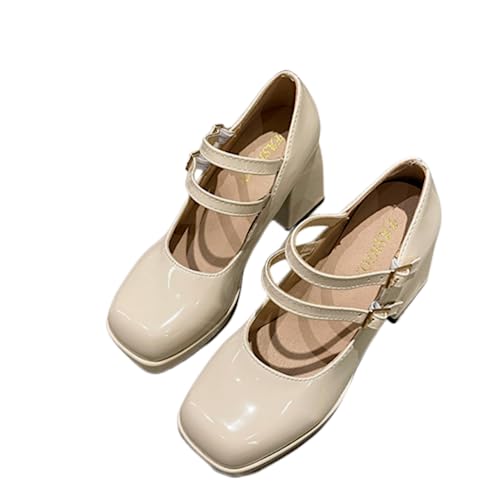 Ulalaza Damen Mary Jane Plateau Pumps Schuhe Sweet Toe Knöchel Lolita Gothic Chunky Plateauschuhe Lackleder Kleid Schuhe White, Beige EU 41 von Ulalaza