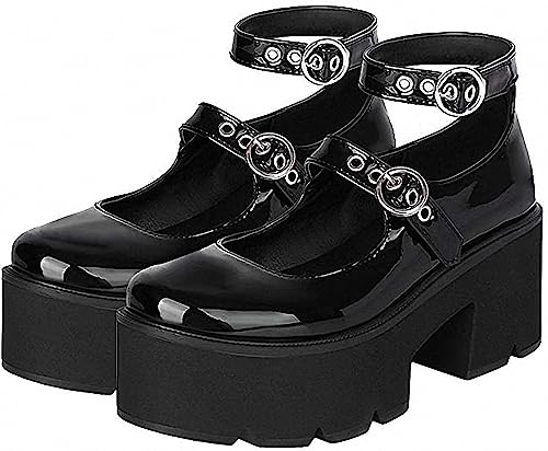 Damen Plattform Mary Janes Schuhe Sweet Toe Knöchel Lolita Gothic Plateau Kleid Pumps Schuhe Chunky Plateauschuhe Lackleder Kleid Schuhe von Ulalaza