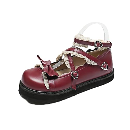 Frauen Lolita Schuhe Absatz Mary Jane Spitze Pumps mit Schleife Kawaii Nette Cosplay Keil Stiefel Cross Strap Block Heel Süße Art Frauen Lolita Schuhe Absatz Mary Jane Spitze Pumps mit Schleife Kawaii Nette Cosplay Keil Stiefel Cross Strap Block Heel Süße Art von Ulalaza