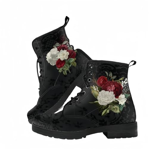 Frauen gedruckt Kurze Stiefel Herbst und Winter Lace-up-Kampfstiefel Stiefeletten Rose Schädel Cartoon-Muster Geschenke für Mädchen Frauen von Ulalaza