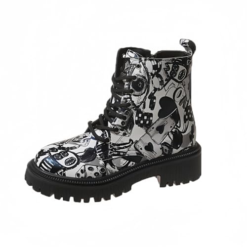 Frauen gedruckt Kurze Stiefel Herbst und Winter Lace-up-Kampfstiefel Stiefeletten Rose Schädel Cartoon-Muster Geschenke für Mädchen Frauen von Ulalaza