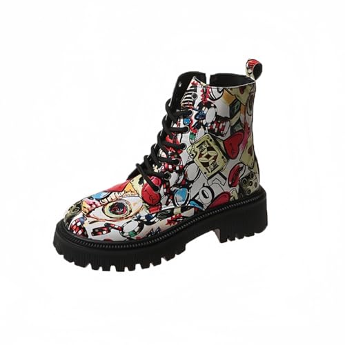 Frauen gedruckt Kurze Stiefel Herbst und Winter Lace-up-Kampfstiefel Stiefeletten Rose Schädel Cartoon-Muster Geschenke für Mädchen Frauen von Ulalaza
