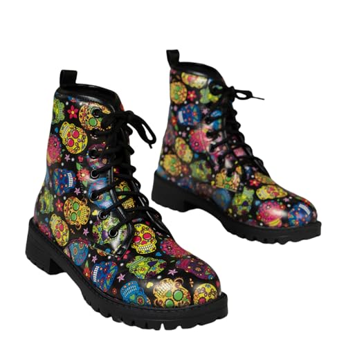 Frauen gedruckt Kurze Stiefel Herbst und Winter Lace-up-Kampfstiefel Stiefeletten Rose Schädel Cartoon-Muster Geschenke für Mädchen Frauen von Ulalaza