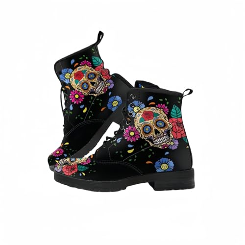 Frauen gedruckt Kurze Stiefel Herbst und Winter Lace-up-Kampfstiefel Stiefeletten Rose Schädel Cartoon-Muster Geschenke für Mädchen Frauen von Ulalaza
