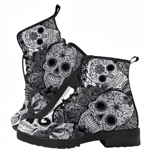 Frauen gedruckt Kurze Stiefel Herbst und Winter Lace-up-Kampfstiefel Stiefeletten Rose Schädel Cartoon-Muster Geschenke für Mädchen Frauen von Ulalaza