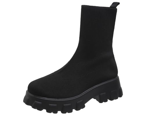 Stretch-Strickstiefel für Damen, runde Spitze, Blockabsatz, Socken, Stiefel, Plateau, Chelsea-Stiefel, elastisch, mittelhoher Absatz, Slip-on-Strickstiefel, klobiger Absatz, rutschfeste Sockenstiefel von Ulalaza