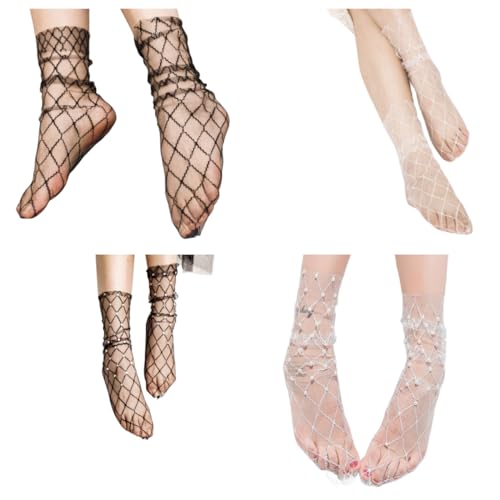 Ulalaza 4 Paar glitzernde Spitzensocken, Sterne, Söckchen, transparente, durchsichtige Kleidersocken für Damen und Mädchen von Ulalaza