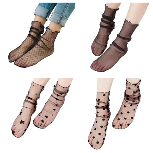 Ulalaza 4 Pairs Glitter Lace Socks Sterne Söckchen Transparente transparente Kleid Socken für Frauen Mädchen (style-7) von Ulalaza