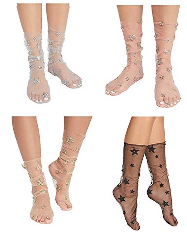 Ulalaza 4 Pairs Glitter Lace Socks Sterne Söckchen Transparente transparente Kleid Socken für Frauen Mädchen von Ulalaza