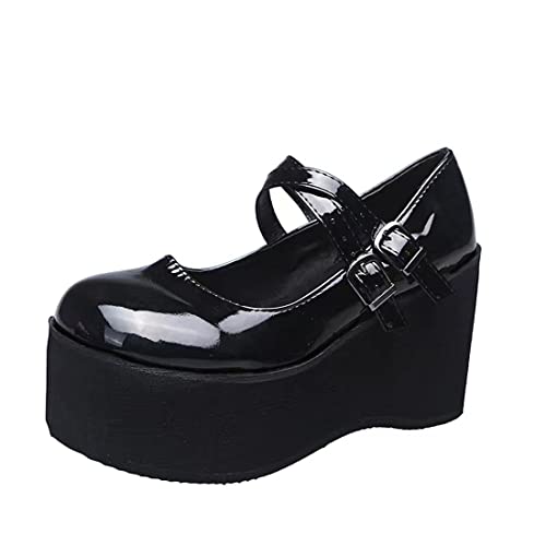 Ulalaza Damen Mary Jane Kleid Pumps Lolita Schuhe Niedliche Plattform Gothic Doppelter Knöchelriemen Runde Zehe Blockabsatz Einheitliche Pumps Schuhe Perfekt für Schule, Party, Geschäft, Arbeit von Ulalaza