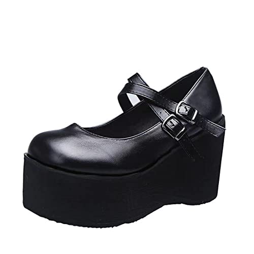 Ulalaza Damen Mary Jane Kleid Pumps Lolita Schuhe Niedliche Plattform Gothic Doppelter Knöchelriemen Runde Zehe Blockabsatz Einheitliche Pumps Schuhe Perfekt für Schule, Party, Geschäft, Arbeit von Ulalaza