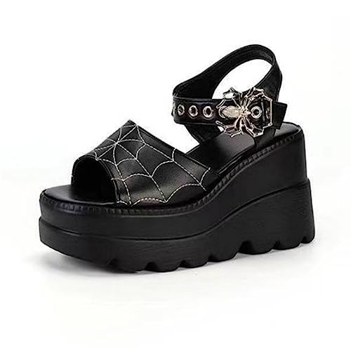 Ulalaza Damen Plateau-Mary-Jane-Sandalen mit Fledermaus-Herzkette, offener Zehenbereich, Knöchel, Gothic-Plateauschuhe, Pumps, Schuhe, klobige Plattform, Lackleder-Kleiderschuhe von Ulalaza