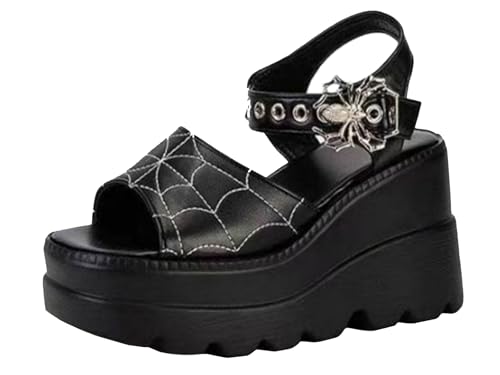 Ulalaza Damen Plateau-Mary-Jane-Sandalen mit Fledermaus-Herzkette, offener Zehenbereich, Knöchel, Gothic-Plateauschuhe, Pumps, Schuhe, klobige Plattform, Lackleder-Kleiderschuhe Ulalaza Damen Plateau-Mary-Jane-Sandalen mit Fledermaus-Herzkette, offener Zehenbereich, Knöchel, Gothic-Plateauschuhe, Pumps, Schuhe, klobige Plattform, Lackleder-Kleiderschuhe von Ulalaza