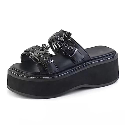 Ulalaza Damen Plateau-Mary-Jane-Sandalen mit Fledermaus-Herzkette, offener Zehenbereich, Knöchel, Gothic-Plateauschuhe, Pumps, Schuhe, klobige Plattform, Lackleder-Kleiderschuhe von Ulalaza