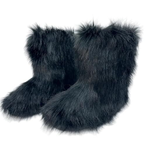 Ulalaza Damen Stiefel Fluffy Fuzzy Furry Schneestiefel Winter Mid Calf Schneestiefel Wildleder Warmes Fell gefüttert Booties Flache Casual Mode von Ulalaza