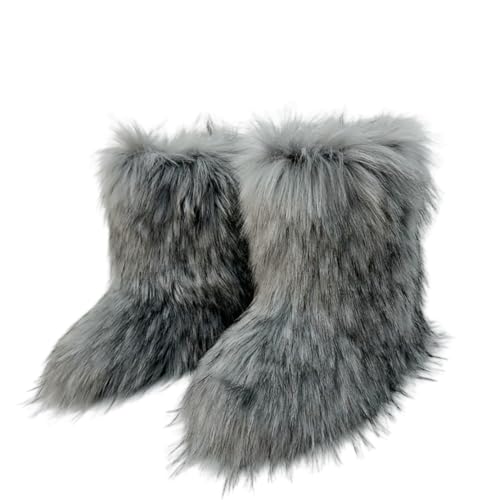 Ulalaza Damen Stiefel Fluffy Fuzzy Furry Schneestiefel Winter Mid Calf Schneestiefel Wildleder Warmes Fell gefüttert Booties Flache Casual Mode von Ulalaza