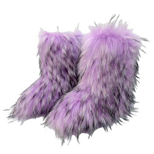 Ulalaza Damen Stiefel Fluffy Fuzzy Furry Schneestiefel Winter Mid Calf Schneestiefel Wildleder Warmes Fell gefüttert Booties Flache Casual Mode von Ulalaza