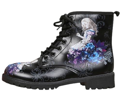Ulalaza Damenstiefel mit runder Zehenpartie und Blockabsatz, Gothic-Plateau-Stiefeletten, Schnürstiefeletten, Punk-Motorradstiefel, mehrfarbig bedruckt, kurze Lederstiefel von Ulalaza