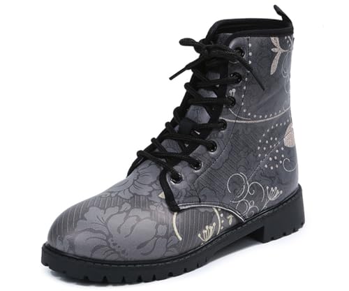 Ulalaza Damenstiefel mit runder Zehenpartie und Blockabsatz, Gothic-Plateau-Stiefeletten, Schnürstiefeletten, Punk-Motorradstiefel, mehrfarbig bedruckt, kurze Lederstiefel von Ulalaza
