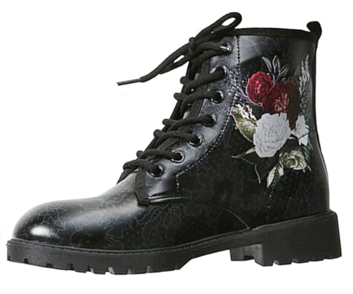 Ulalaza Damenstiefel mit runder Zehenpartie und Blockabsatz, Gothic-Plateau-Stiefeletten, Schnürstiefeletten, Punk-Motorradstiefel, mehrfarbig bedruckt, kurze Lederstiefel von Ulalaza