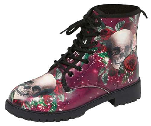 Ulalaza Damenstiefel mit runder Zehenpartie und Blockabsatz, Gothic-Plateau-Stiefeletten, Schnürstiefeletten, Punk-Motorradstiefel, mehrfarbig bedruckt, kurze Lederstiefel von Ulalaza