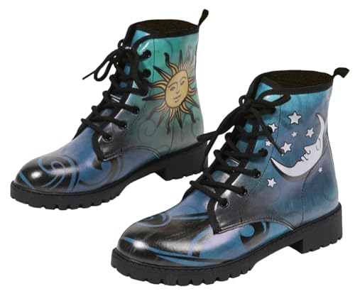 Ulalaza Damenstiefel mit runder Zehenpartie und Blockabsatz, Gothic-Plateau-Stiefeletten, Schnürstiefeletten, Punk-Motorradstiefel, mehrfarbig bedruckt, kurze Lederstiefel von Ulalaza
