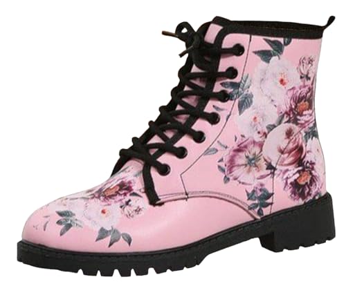 Ulalaza Damenstiefel mit runder Zehenpartie und Blockabsatz, Gothic-Plateau-Stiefeletten, Schnürstiefeletten, Punk-Motorradstiefel, mehrfarbig bedruckt, kurze Lederstiefel von Ulalaza