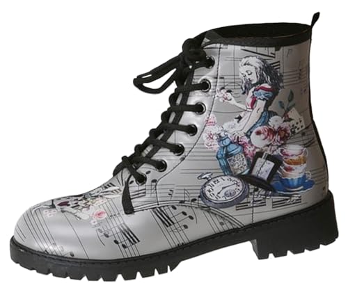 Ulalaza Damenstiefel mit runder Zehenpartie und Blockabsatz, Gothic-Plateau-Stiefeletten, Schnürstiefeletten, Punk-Motorradstiefel, mehrfarbig bedruckt, kurze Lederstiefel von Ulalaza