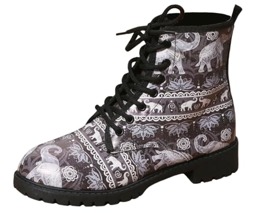 Ulalaza Damenstiefel mit runder Zehenpartie und Blockabsatz, Gothic-Plateau-Stiefeletten, Schnürstiefeletten, Punk-Motorradstiefel, mehrfarbig bedruckt, kurze Lederstiefel von Ulalaza