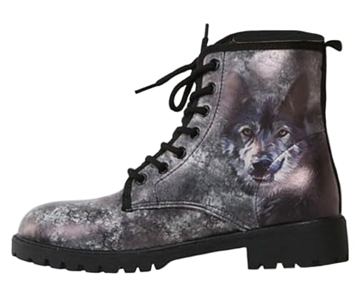 Ulalaza Damenstiefel mit runder Zehenpartie und Blockabsatz, Gothic-Plateau-Stiefeletten, Schnürstiefeletten, Punk-Motorradstiefel, mehrfarbig bedruckt, kurze Lederstiefel von Ulalaza