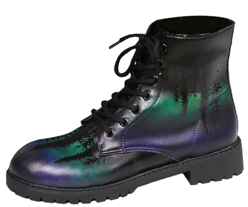 Ulalaza Damenstiefel mit runder Zehenpartie und Blockabsatz, Gothic-Plateau-Stiefeletten, Schnürstiefeletten, Punk-Motorradstiefel, mehrfarbig bedruckt, kurze Lederstiefel von Ulalaza