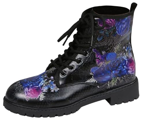 Ulalaza Damenstiefel mit runder Zehenpartie und Blockabsatz, Gothic-Plateau-Stiefeletten, Schnürstiefeletten, Punk-Motorradstiefel, mehrfarbig bedruckt, kurze Lederstiefel von Ulalaza