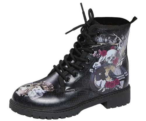 Ulalaza Damenstiefel mit runder Zehenpartie und Blockabsatz, Gothic-Plateau-Stiefeletten, Schnürstiefeletten, Punk-Motorradstiefel, mehrfarbig bedruckt, kurze Lederstiefel von Ulalaza