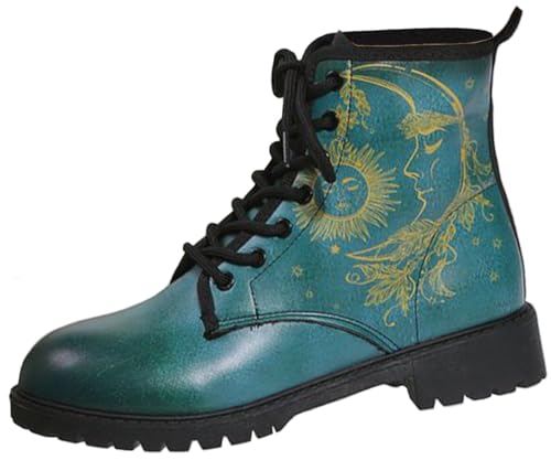 Ulalaza Damenstiefel mit runder Zehenpartie und Blockabsatz, Gothic-Plateau-Stiefeletten, Schnürstiefeletten, Punk-Motorradstiefel, mehrfarbig bedruckt, kurze Lederstiefel von Ulalaza
