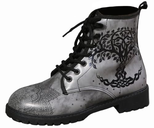 Ulalaza Damenstiefel mit runder Zehenpartie und Blockabsatz, Gothic-Plateau-Stiefeletten, Schnürstiefeletten, Punk-Motorradstiefel, mehrfarbig bedruckt, kurze Lederstiefel von Ulalaza