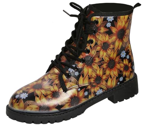 Ulalaza Damenstiefel mit runder Zehenpartie und Blockabsatz, Gothic-Plateau-Stiefeletten, Schnürstiefeletten, Punk-Motorradstiefel, mehrfarbig bedruckt, kurze Lederstiefel von Ulalaza
