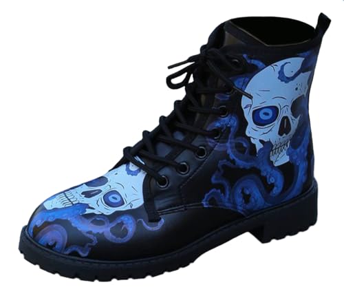 Ulalaza Damenstiefel mit runder Zehenpartie und Blockabsatz, Gothic-Plateau-Stiefeletten, Schnürstiefeletten, Punk-Motorradstiefel, mehrfarbig bedruckt, kurze Lederstiefel von Ulalaza
