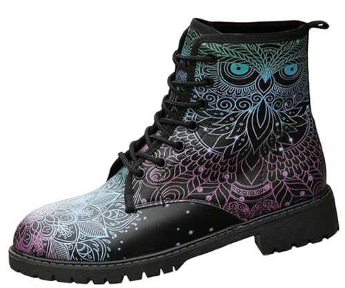 Ulalaza Damenstiefel mit runder Zehenpartie und Blockabsatz, Gothic-Plateau-Stiefeletten, Schnürstiefeletten, Punk-Motorradstiefel, mehrfarbig bedruckt, kurze Lederstiefel von Ulalaza
