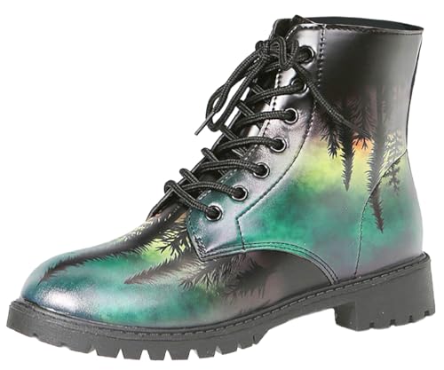 Ulalaza Damenstiefel mit runder Zehenpartie und Blockabsatz, Gothic-Plateau-Stiefeletten, Schnürstiefeletten, Punk-Motorradstiefel, mehrfarbig bedruckt, kurze Lederstiefel von Ulalaza
