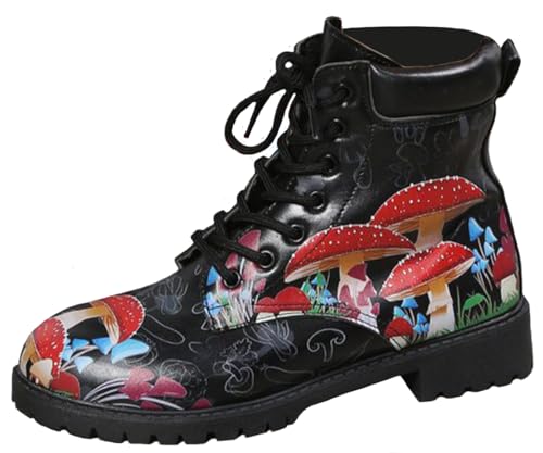 Ulalaza Damenstiefel mit runder Zehenpartie und Blockabsatz, Gothic-Plateau-Stiefeletten, Schnürstiefeletten, Punk-Motorradstiefel, mehrfarbig bedruckt, kurze Lederstiefel von Ulalaza