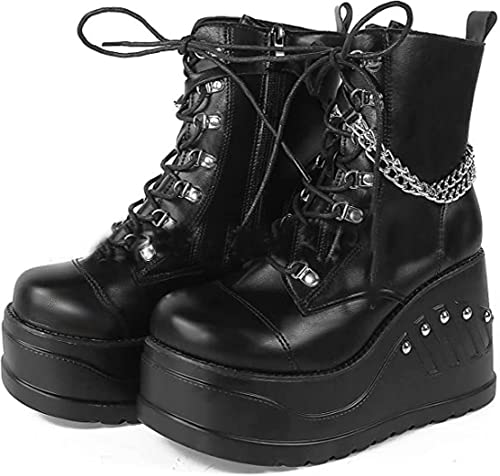 Ulalaza Dicke Sohle Mid Tube Stiefel Frauen Dicke Sohle Stiefel Punk Kurze Stiefel High Heel Height10CM/4INCH Motorradkettenritterstiefel von Ulalaza